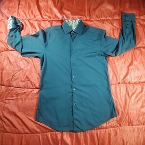 Tom Baine Holliday Shirt Men's Medium Slim Fit Button Up Flip Cuff Green Stretch